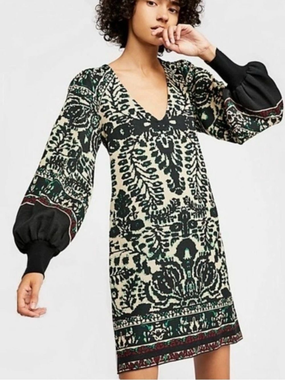 Free People Sweater Dress XS Black Cream Boho Tribal Balloon Sleeve Mini Tunic